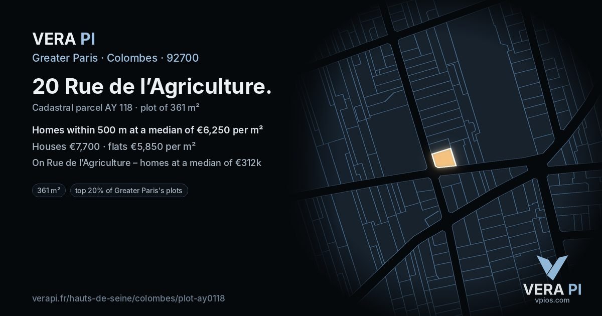 20 Rue de l’Agriculture, Colombes at night – the plot lit, the parcels around coloured by the prices near them