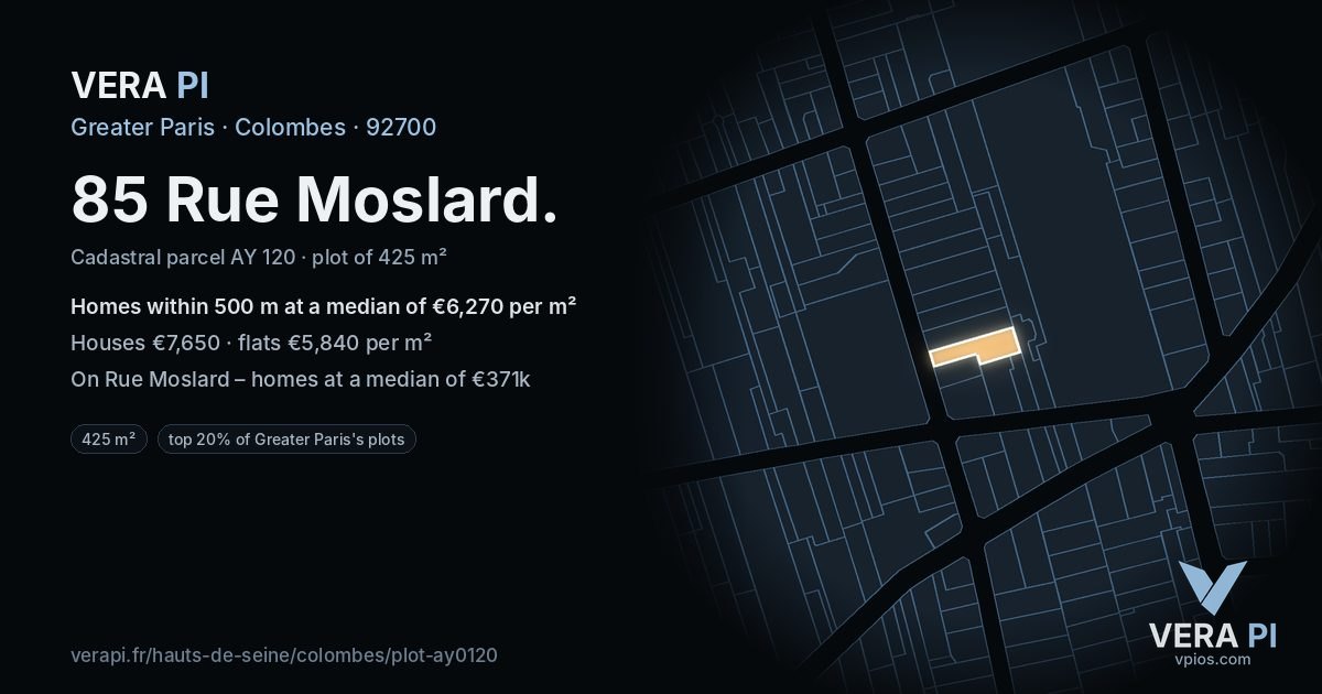 85 Rue Moslard, Colombes at night – the plot lit, the parcels around coloured by the prices near them