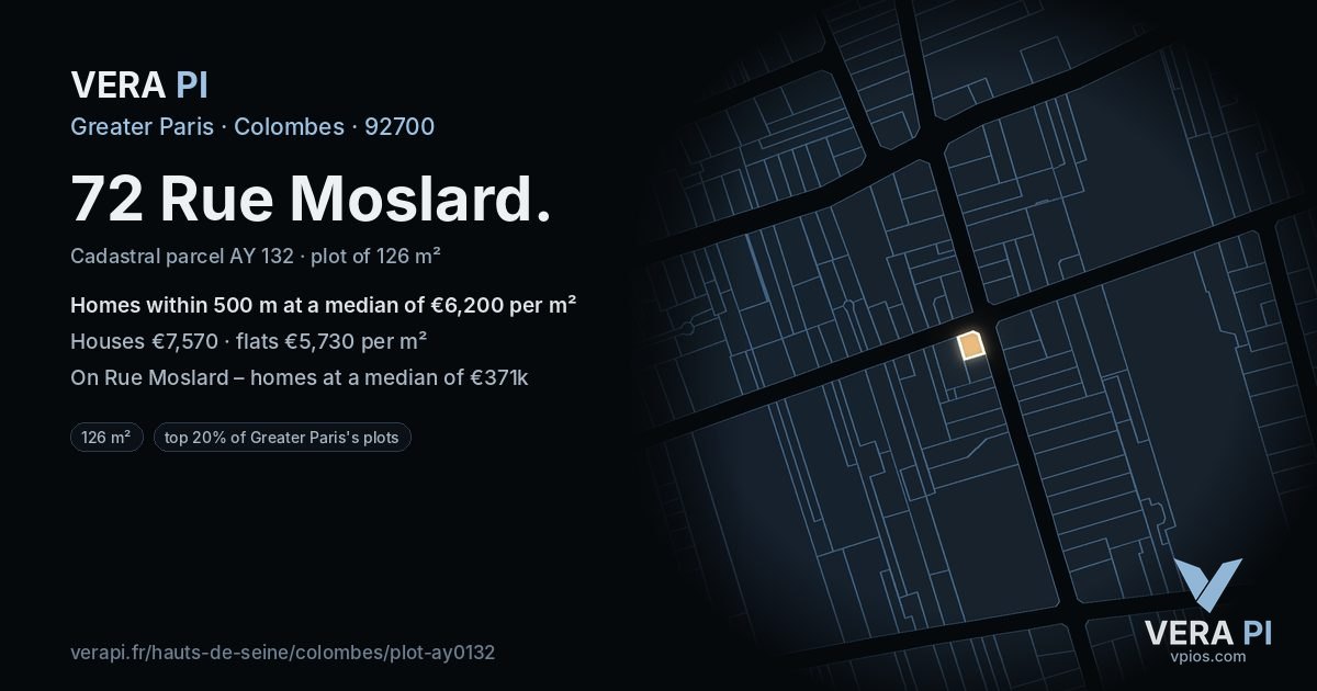 72 Rue Moslard, Colombes at night – the plot lit, the parcels around coloured by the prices near them