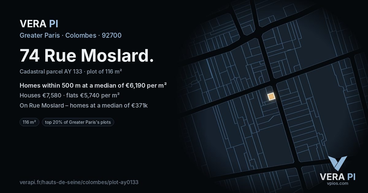 74 Rue Moslard, Colombes at night – the plot lit, the parcels around coloured by the prices near them
