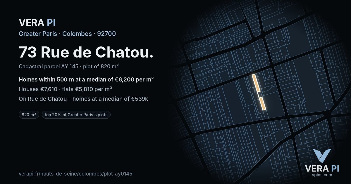 73 Rue de Chatou, Colombes at night – the plot lit, the parcels around coloured by the prices near them