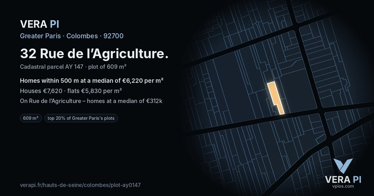 32 Rue de l’Agriculture, Colombes at night – the plot lit, the parcels around coloured by the prices near them