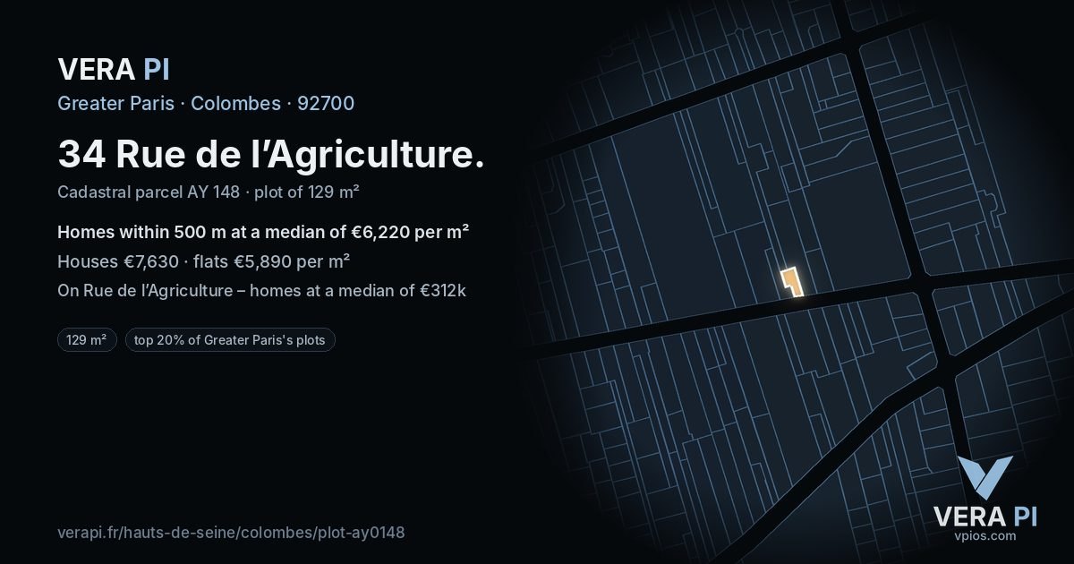 34 Rue de l’Agriculture, Colombes at night – the plot lit, the parcels around coloured by the prices near them
