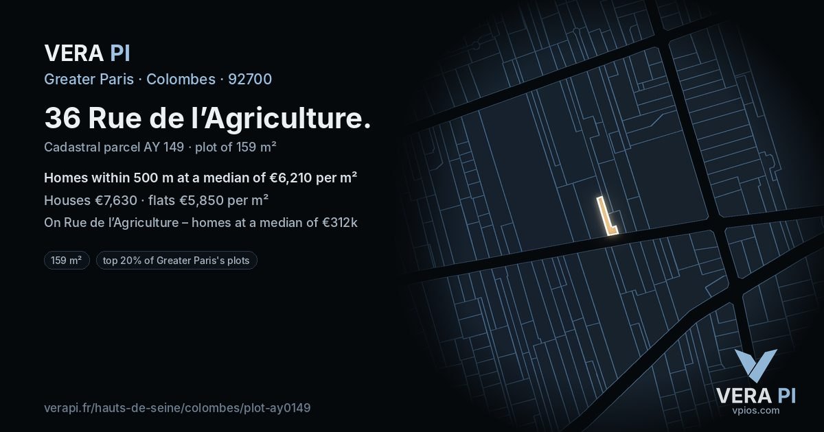 36 Rue de l’Agriculture, Colombes at night – the plot lit, the parcels around coloured by the prices near them