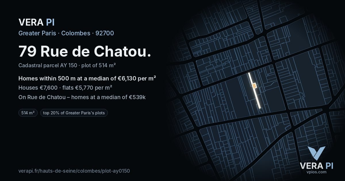 79 Rue de Chatou, Colombes at night – the plot lit, the parcels around coloured by the prices near them