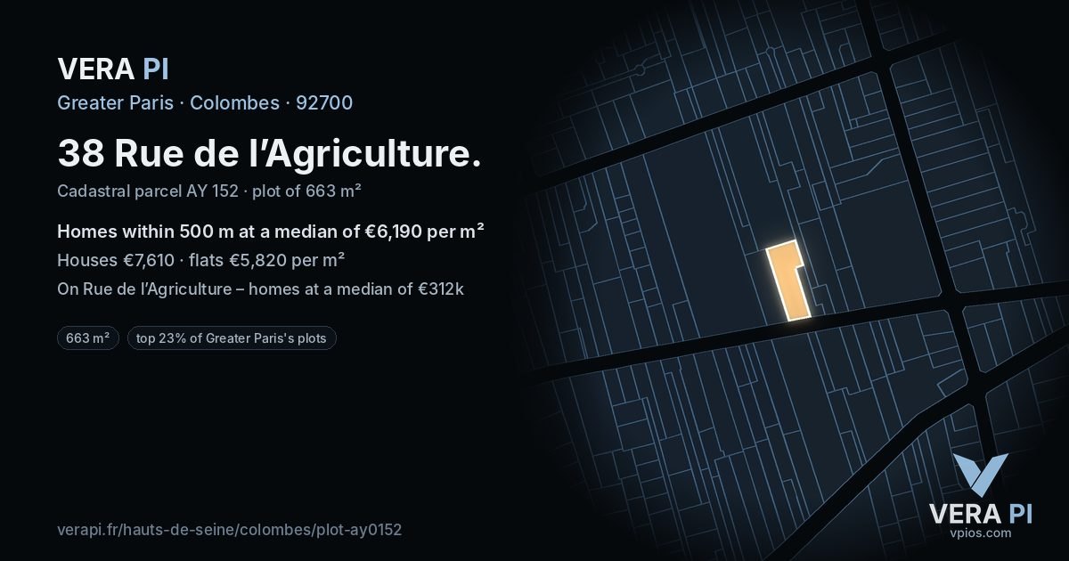 38 Rue de l’Agriculture, Colombes at night – the plot lit, the parcels around coloured by the prices near them