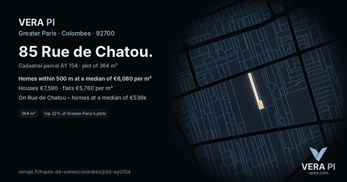 85 Rue de Chatou, Colombes at night – the plot lit, the parcels around coloured by the prices near them