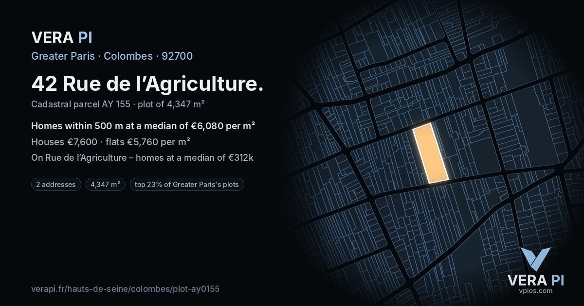 42 Rue de l’Agriculture, Colombes at night – the plot lit, the parcels around coloured by the prices near them