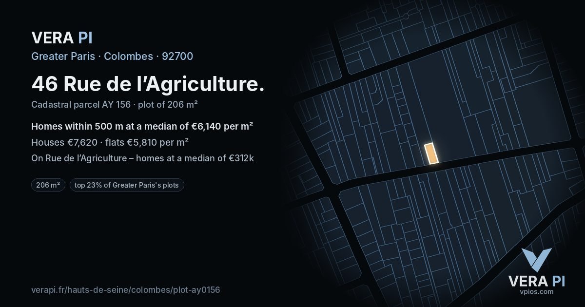 46 Rue de l’Agriculture, Colombes at night – the plot lit, the parcels around coloured by the prices near them