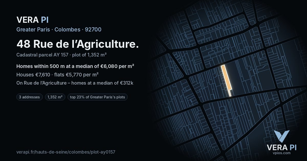 48 Rue de l’Agriculture, Colombes at night – the plot lit, the parcels around coloured by the prices near them