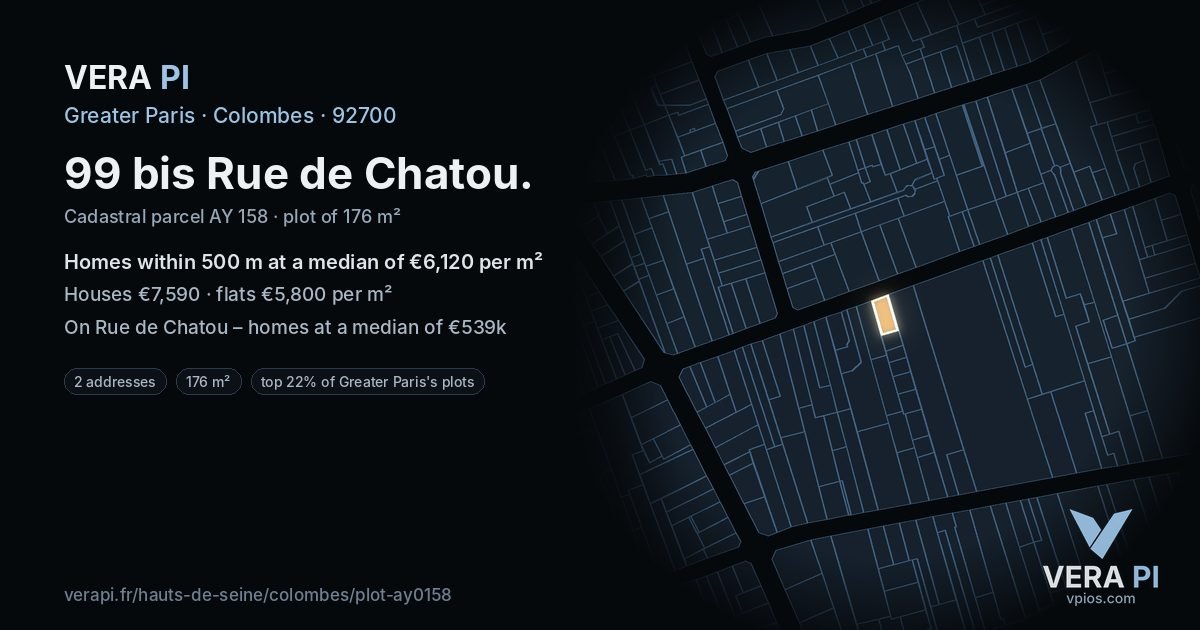 99 bis Rue de Chatou, Colombes at night – the plot lit, the parcels around coloured by the prices near them