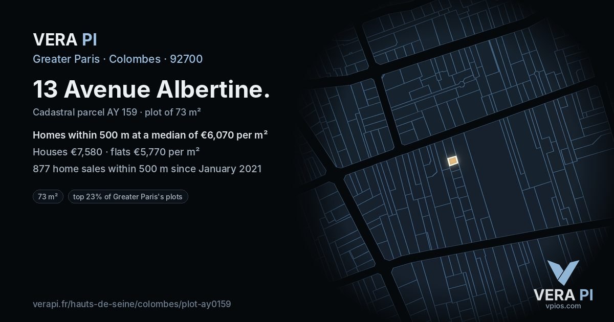 13 Avenue Albertine, Colombes at night – the plot lit, the parcels around coloured by the prices near them