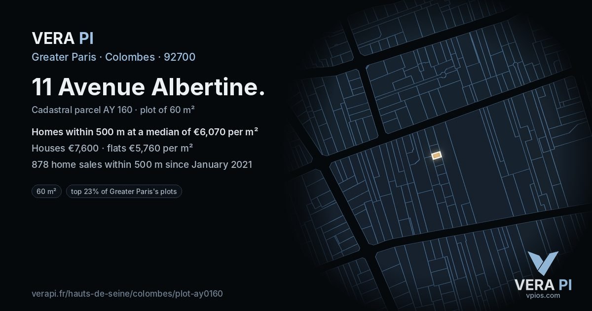 11 Avenue Albertine, Colombes at night – the plot lit, the parcels around coloured by the prices near them