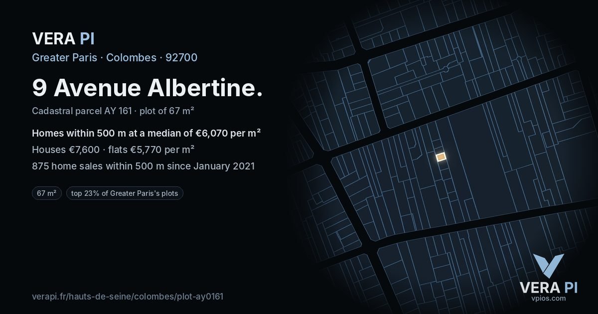9 Avenue Albertine, Colombes at night – the plot lit, the parcels around coloured by the prices near them