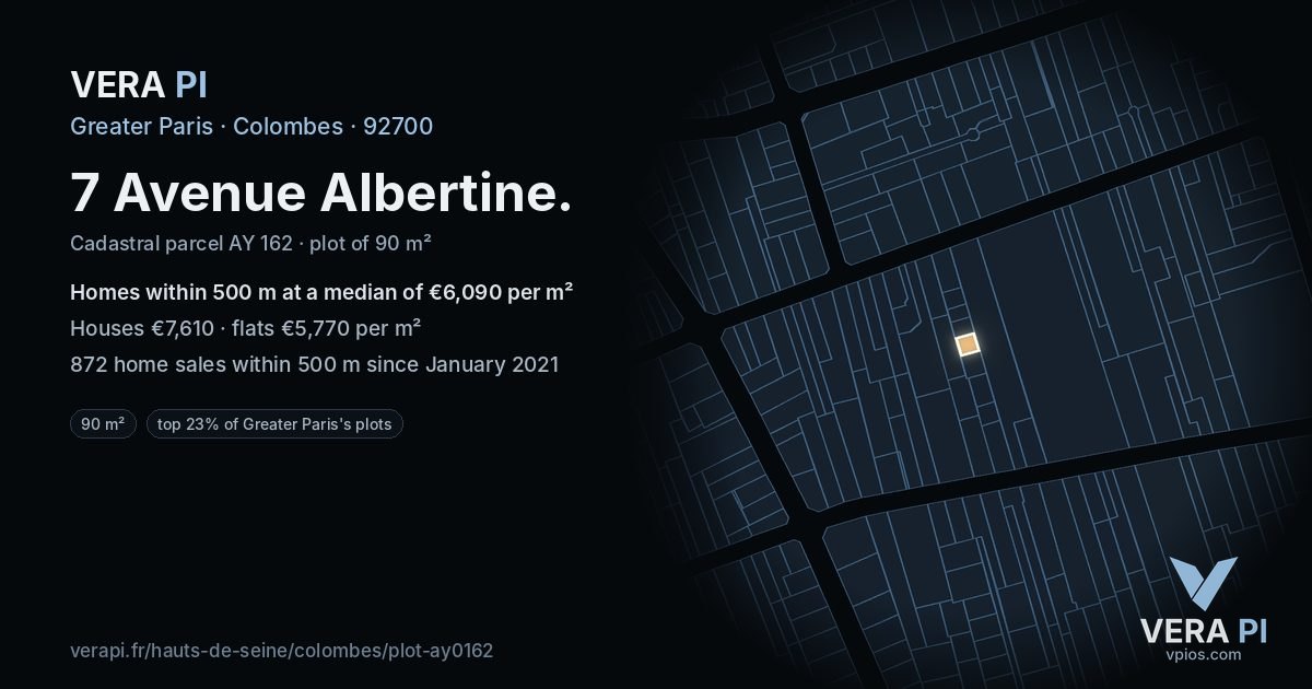 7 Avenue Albertine, Colombes at night – the plot lit, the parcels around coloured by the prices near them