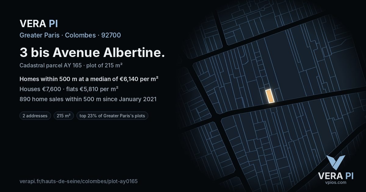 3 bis Avenue Albertine, Colombes at night – the plot lit, the parcels around coloured by the prices near them