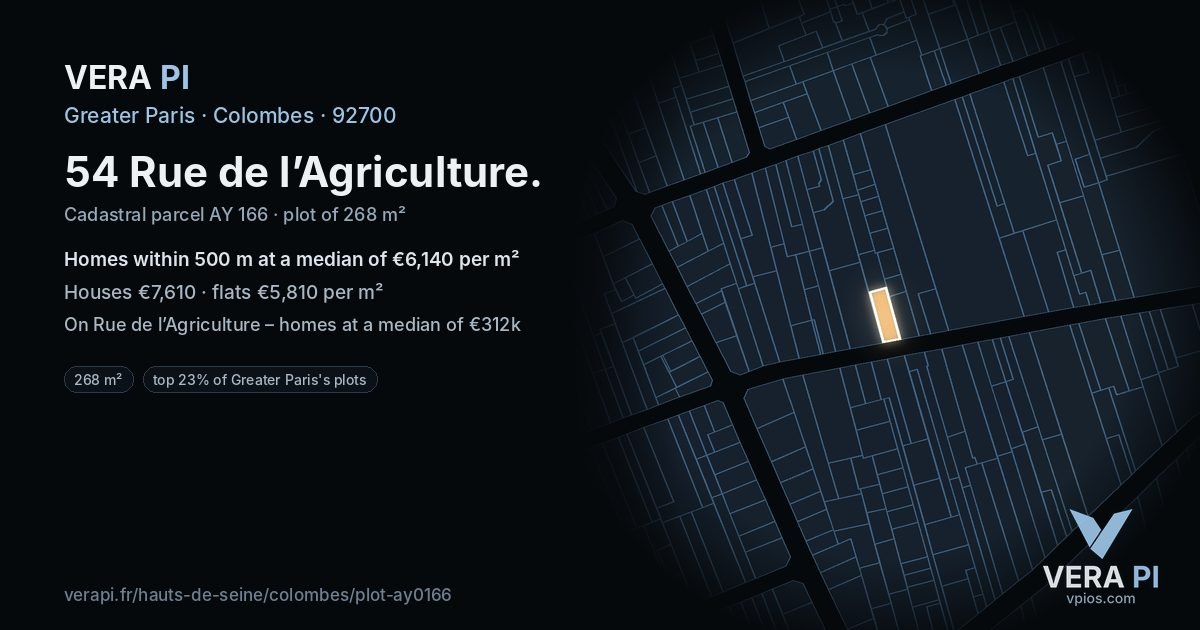 54 Rue de l’Agriculture, Colombes at night – the plot lit, the parcels around coloured by the prices near them