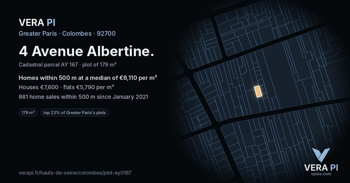4 Avenue Albertine, Colombes at night – the plot lit, the parcels around coloured by the prices near them