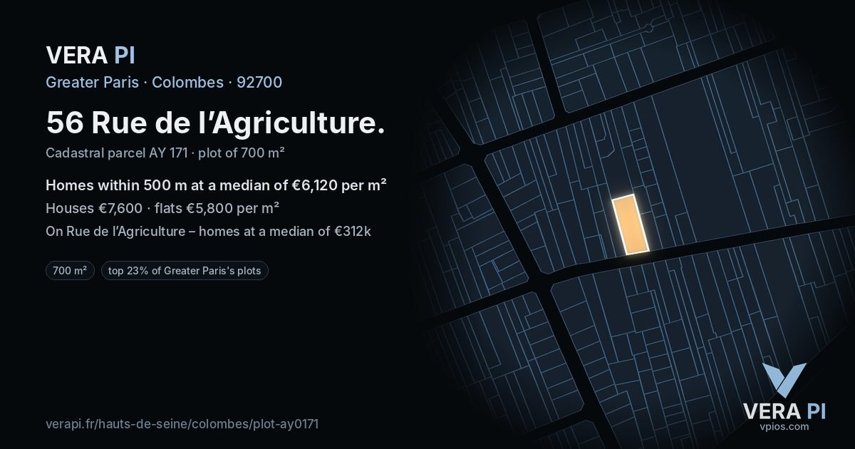 56 Rue de l’Agriculture, Colombes at night – the plot lit, the parcels around coloured by the prices near them