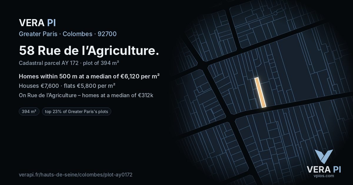 58 Rue de l’Agriculture, Colombes at night – the plot lit, the parcels around coloured by the prices near them