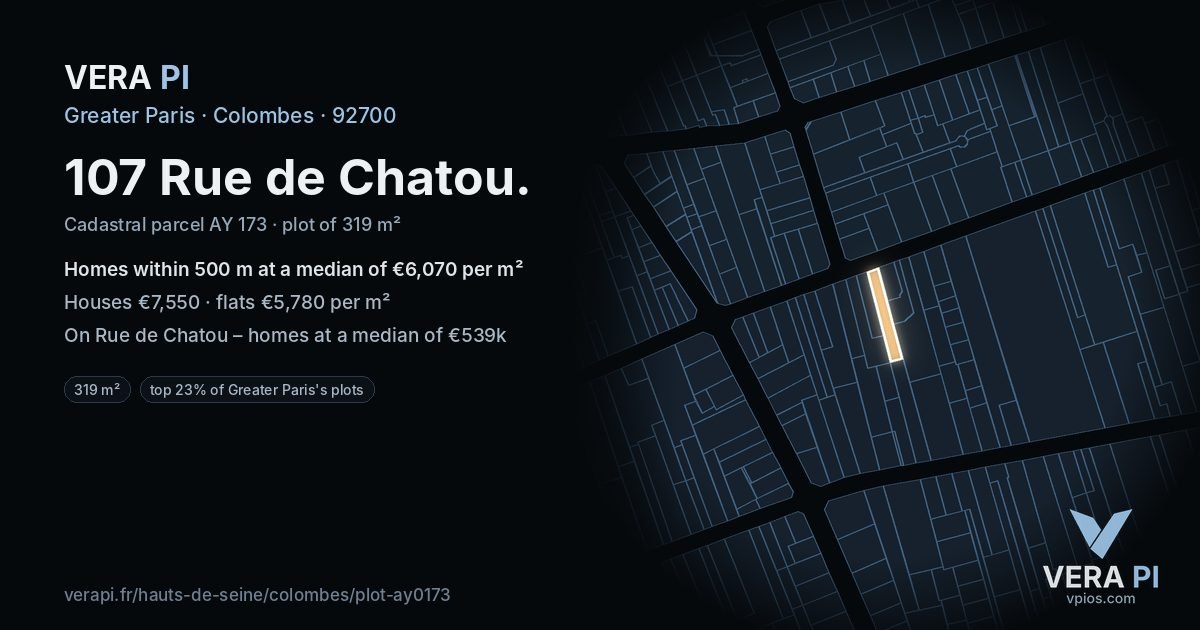 107 Rue de Chatou, Colombes at night – the plot lit, the parcels around coloured by the prices near them