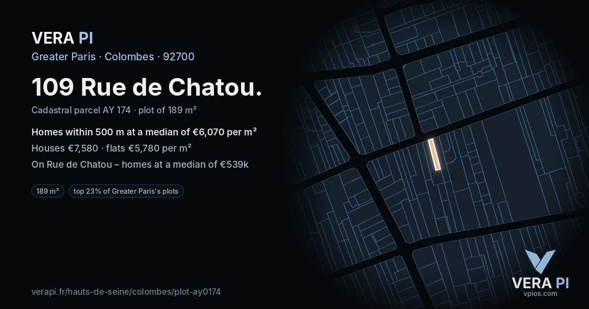 109 Rue de Chatou, Colombes at night – the plot lit, the parcels around coloured by the prices near them