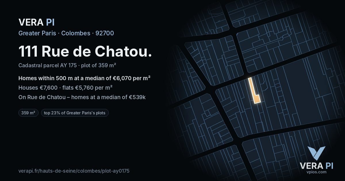 111 Rue de Chatou, Colombes at night – the plot lit, the parcels around coloured by the prices near them