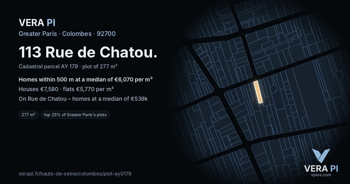 113 Rue de Chatou, Colombes at night – the plot lit, the parcels around coloured by the prices near them