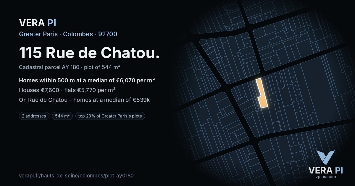 115 Rue de Chatou, Colombes at night – the plot lit, the parcels around coloured by the prices near them