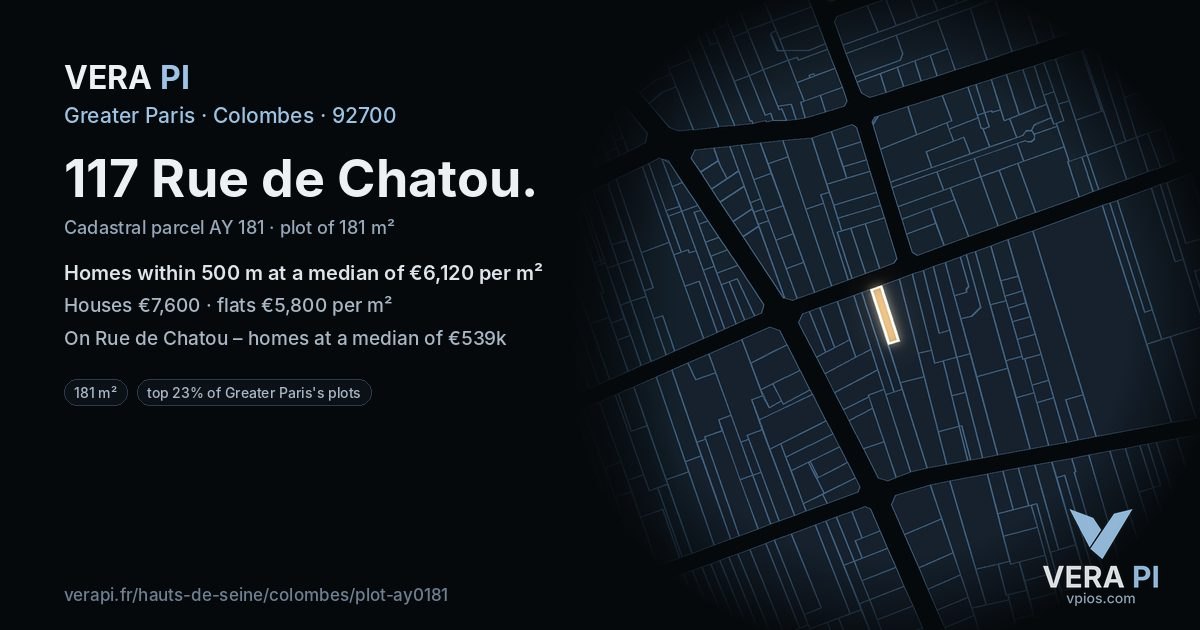 117 Rue de Chatou, Colombes at night – the plot lit, the parcels around coloured by the prices near them