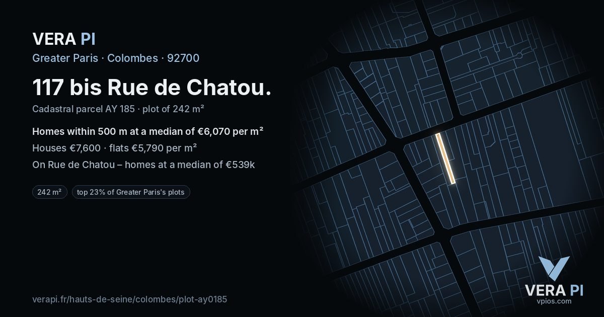 117 bis Rue de Chatou, Colombes at night – the plot lit, the parcels around coloured by the prices near them