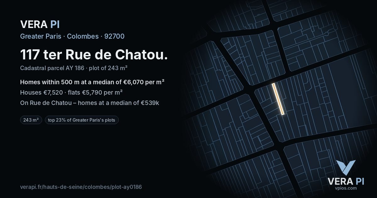 117 ter Rue de Chatou, Colombes at night – the plot lit, the parcels around coloured by the prices near them