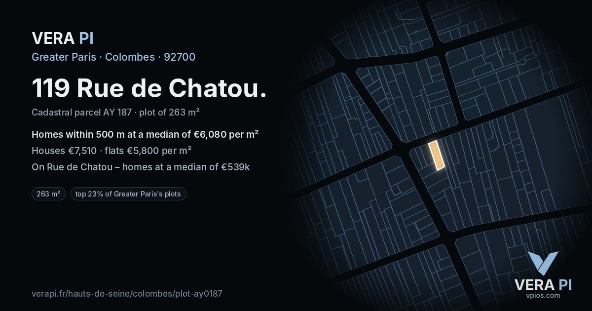 119 Rue de Chatou, Colombes at night – the plot lit, the parcels around coloured by the prices near them