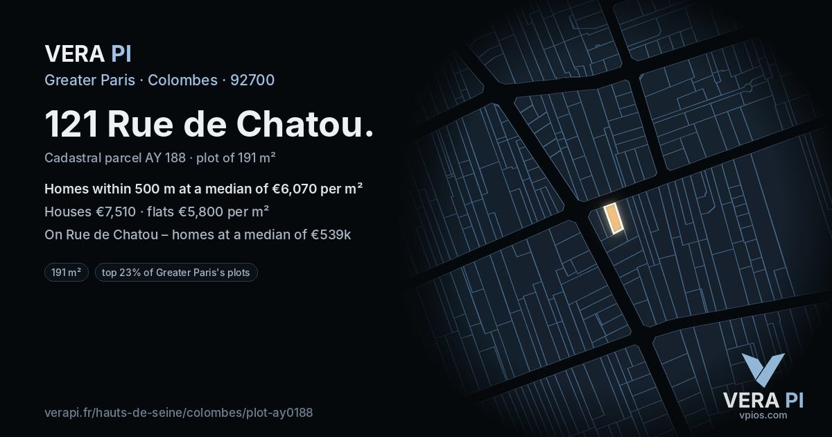 121 Rue de Chatou, Colombes at night – the plot lit, the parcels around coloured by the prices near them