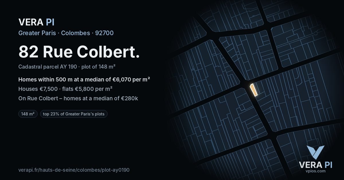 82 Rue Colbert, Colombes at night – the plot lit, the parcels around coloured by the prices near them