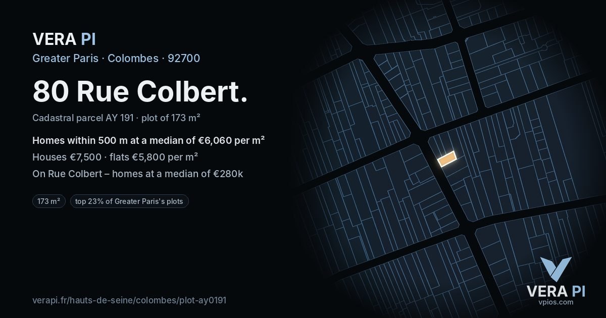 80 Rue Colbert, Colombes at night – the plot lit, the parcels around coloured by the prices near them