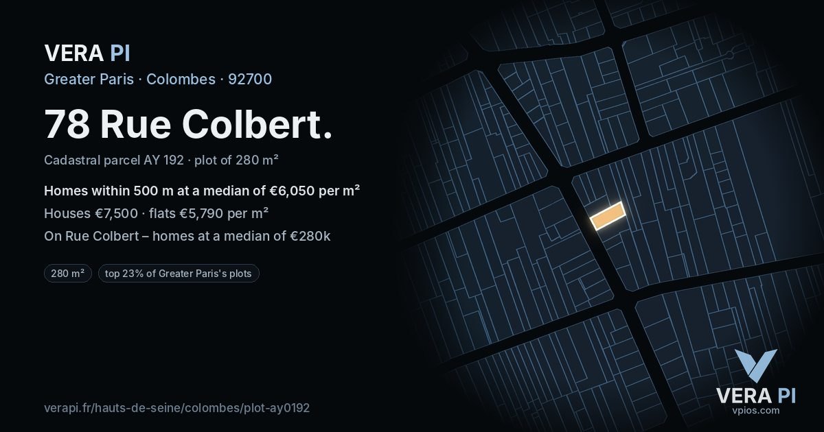 78 Rue Colbert, Colombes at night – the plot lit, the parcels around coloured by the prices near them