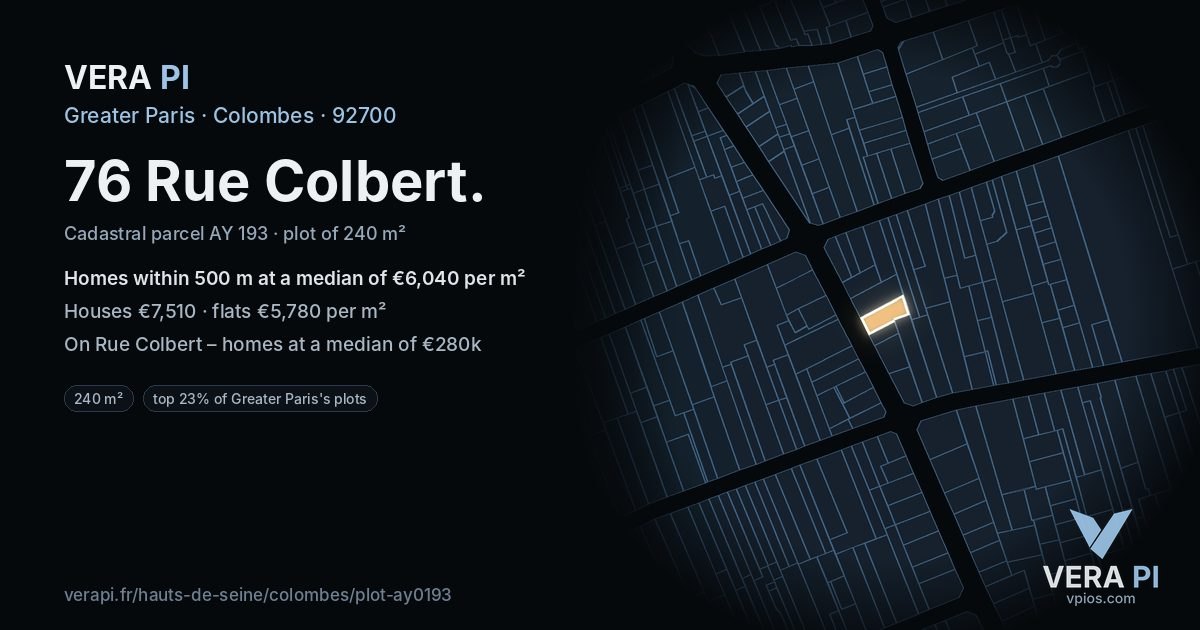 76 Rue Colbert, Colombes at night – the plot lit, the parcels around coloured by the prices near them