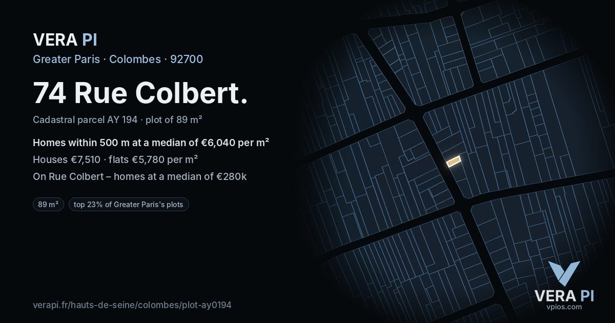 74 Rue Colbert, Colombes at night – the plot lit, the parcels around coloured by the prices near them
