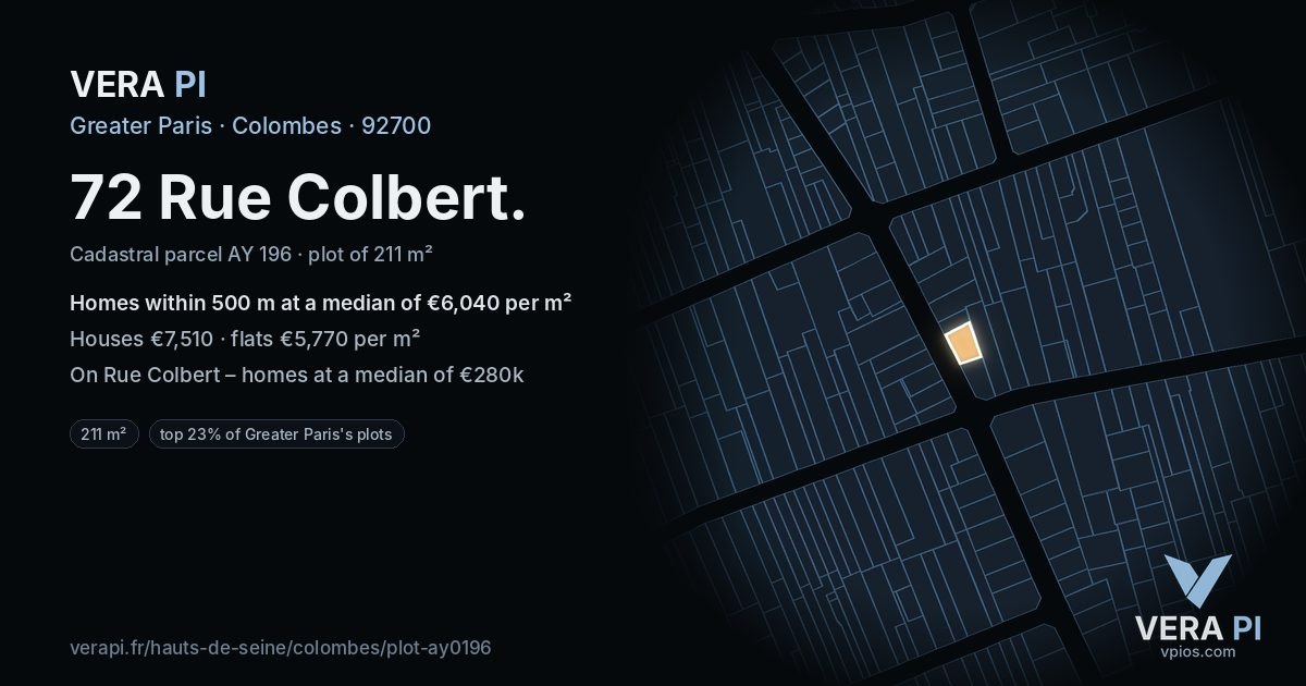 72 Rue Colbert, Colombes at night – the plot lit, the parcels around coloured by the prices near them