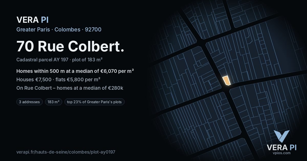 70 Rue Colbert, Colombes at night – the plot lit, the parcels around coloured by the prices near them