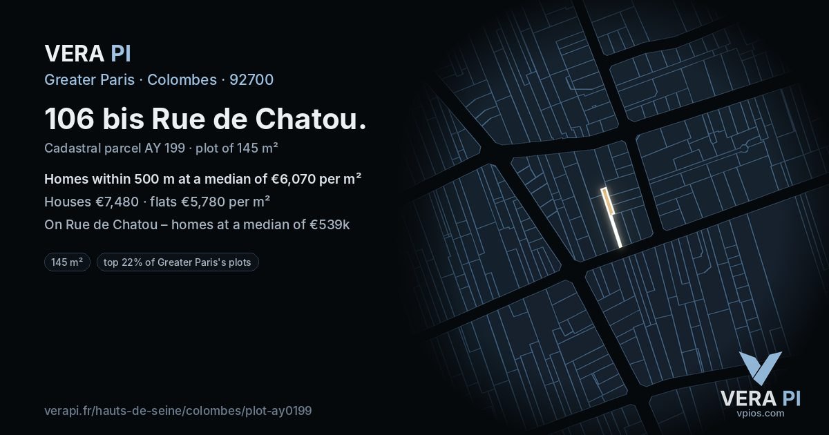 106 bis Rue de Chatou, Colombes at night – the plot lit, the parcels around coloured by the prices near them