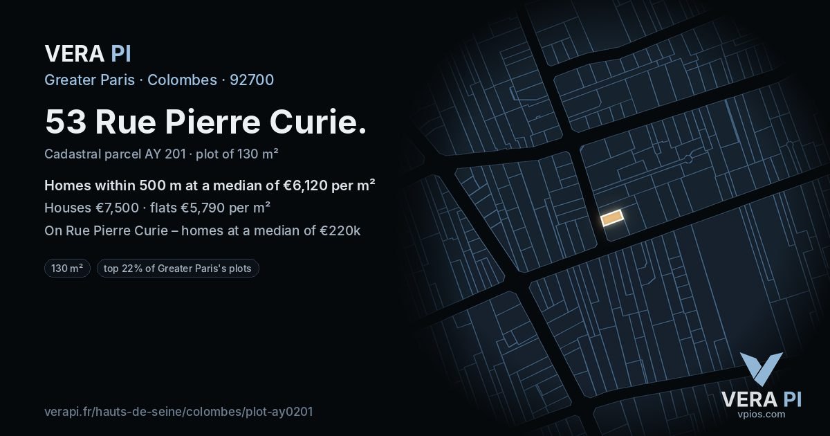 53 Rue Pierre Curie, Colombes at night – the plot lit, the parcels around coloured by the prices near them