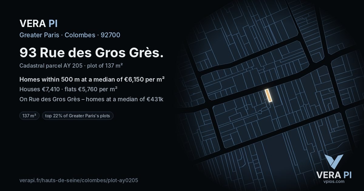 93 Rue des Gros Grès, Colombes at night – the plot lit, the parcels around coloured by the prices near them