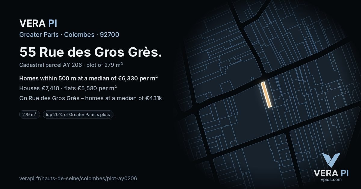 55 Rue des Gros Grès, Colombes at night – the plot lit, the parcels around coloured by the prices near them