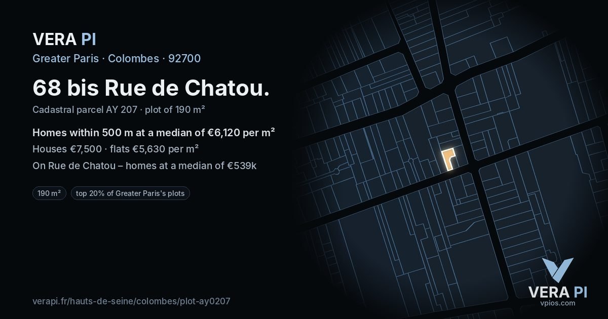 68 bis Rue de Chatou, Colombes at night – the plot lit, the parcels around coloured by the prices near them