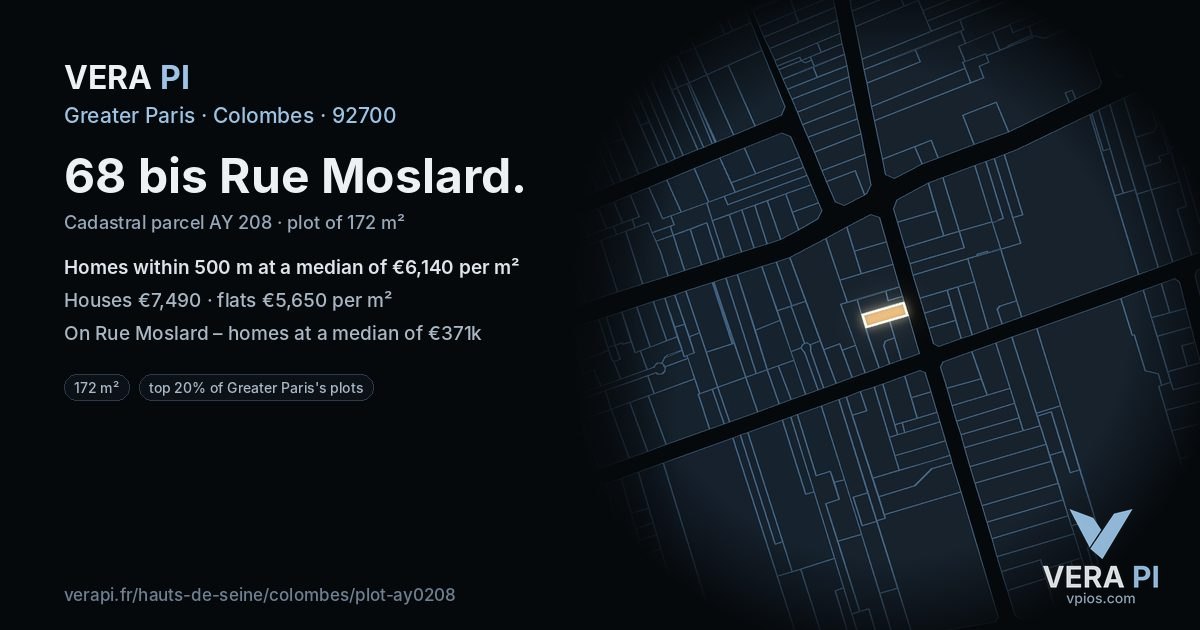 68 bis Rue Moslard, Colombes at night – the plot lit, the parcels around coloured by the prices near them