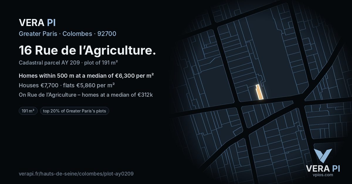 16 Rue de l’Agriculture, Colombes at night – the plot lit, the parcels around coloured by the prices near them