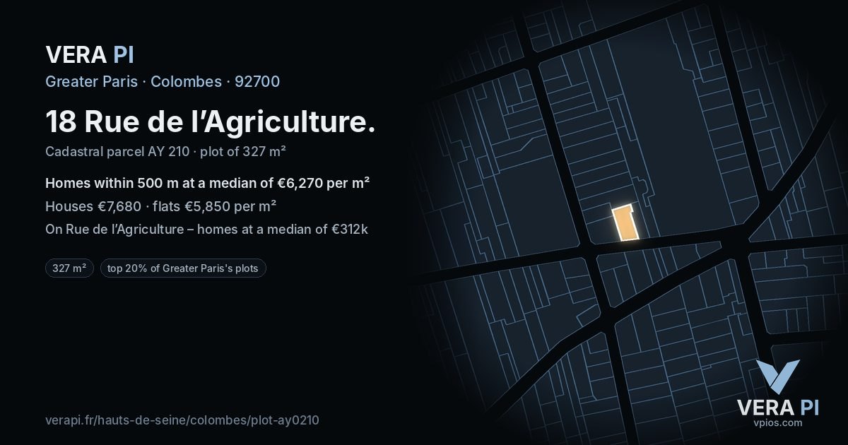 18 Rue de l’Agriculture, Colombes at night – the plot lit, the parcels around coloured by the prices near them