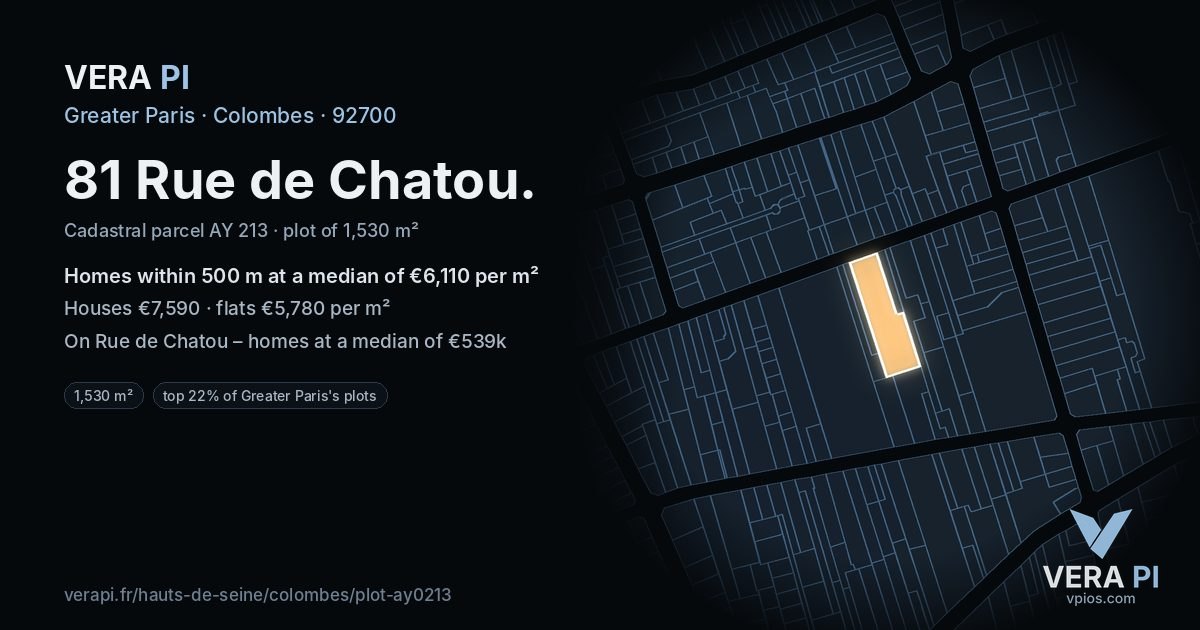 81 Rue de Chatou, Colombes at night – the plot lit, the parcels around coloured by the prices near them